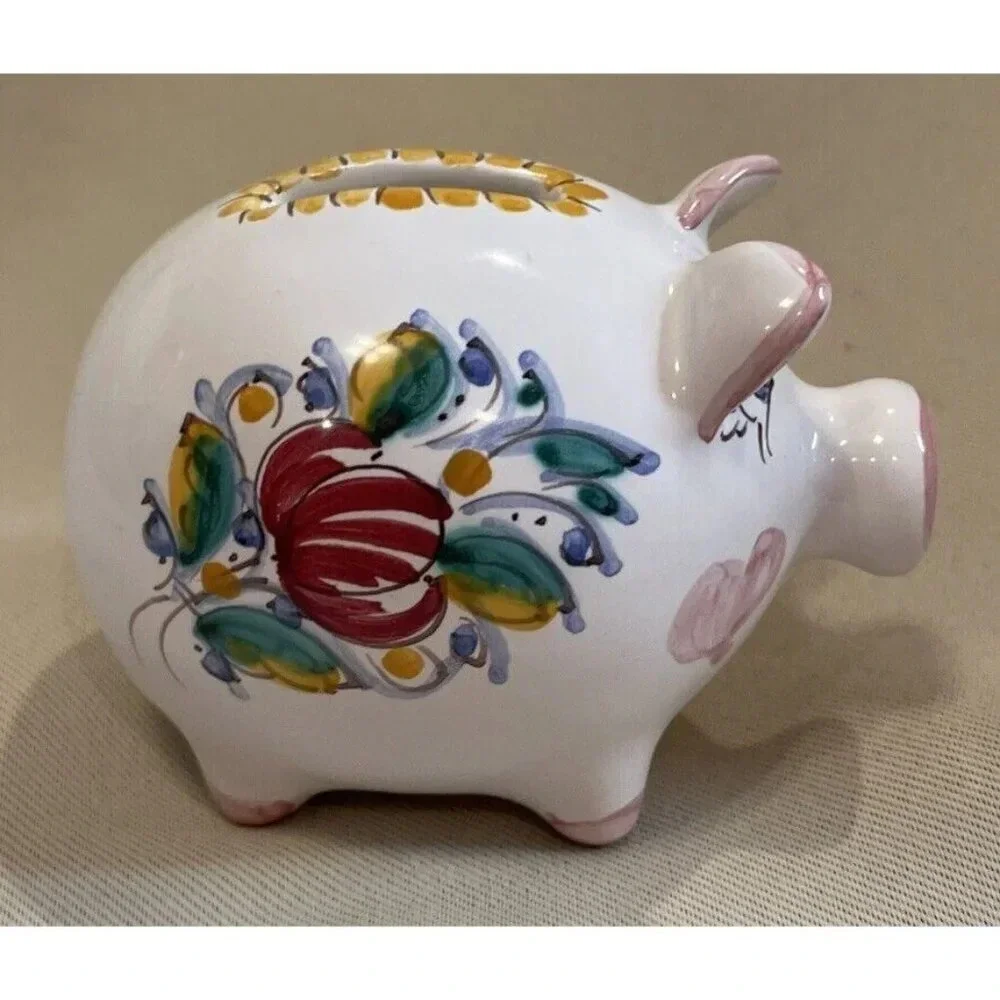 Ceramic Slovenska‎ Folk Art Piggy Pig Bank Figure Colorful Floral Hearts